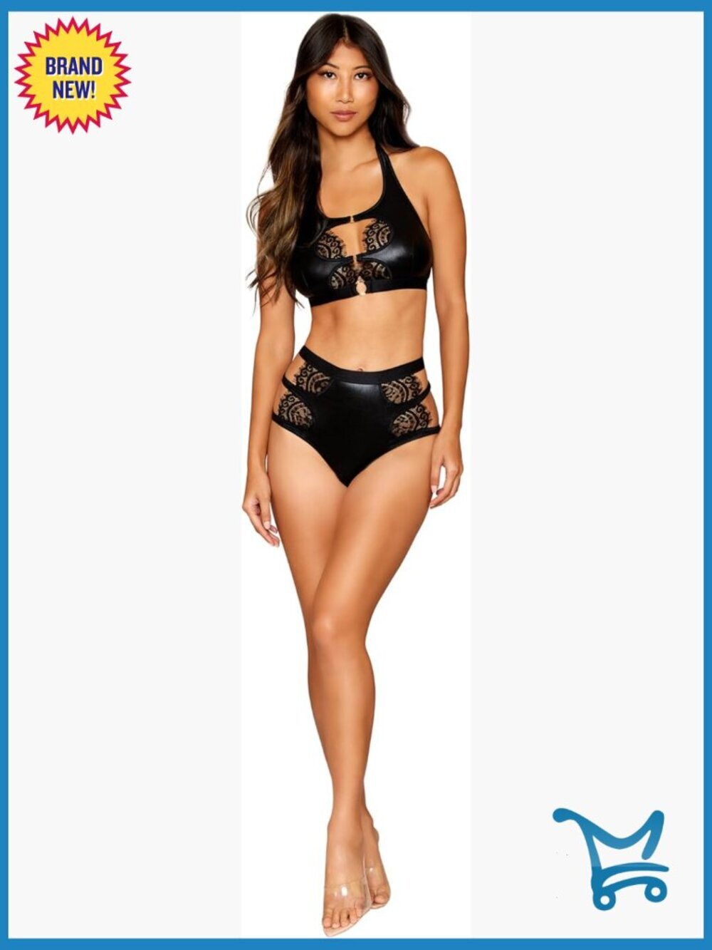 Stretch Faux Leather & Lace Bra and Garter Set Strappy Details
